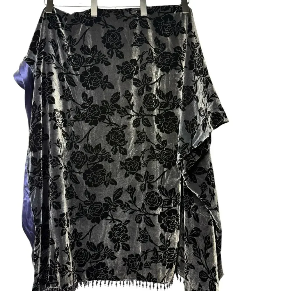 Westone Silk Velvet Burnout Floral Throw Wrap Black Gray Beaded Fringe Vintage